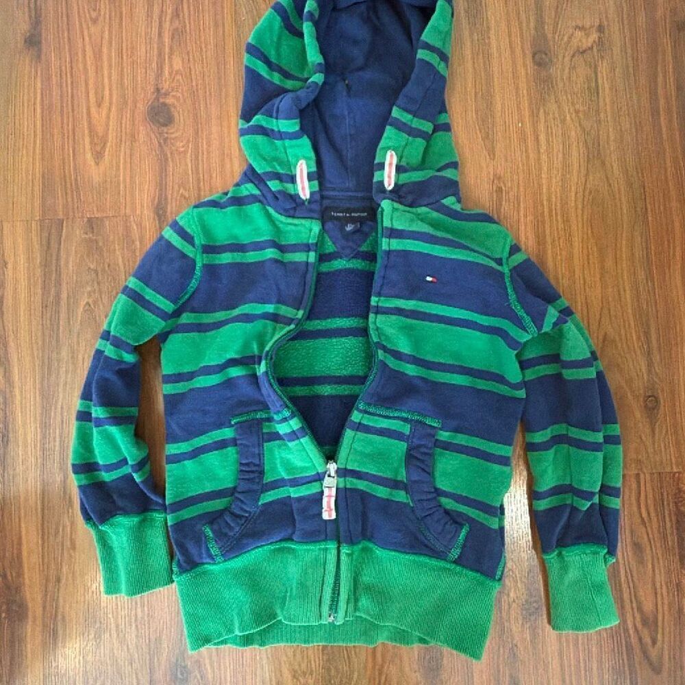 Tommy Hilfiger navy and green striped terry cloth hoodie full zip kids size XS-4